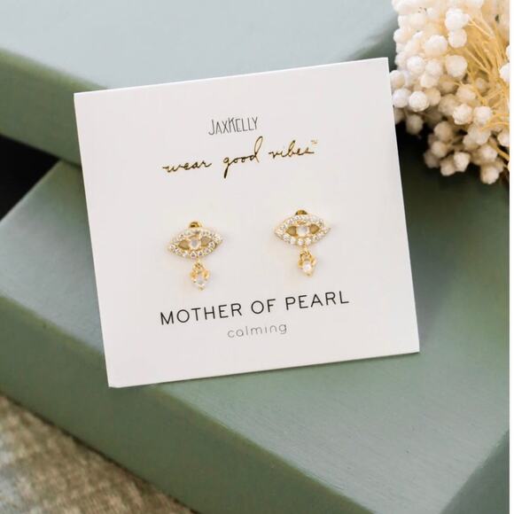 JAXKELLY NIP Mother of Pearl CZ-encrusted Evil Eye Petite  Drop Stud Earrings - Picture 11 of 11